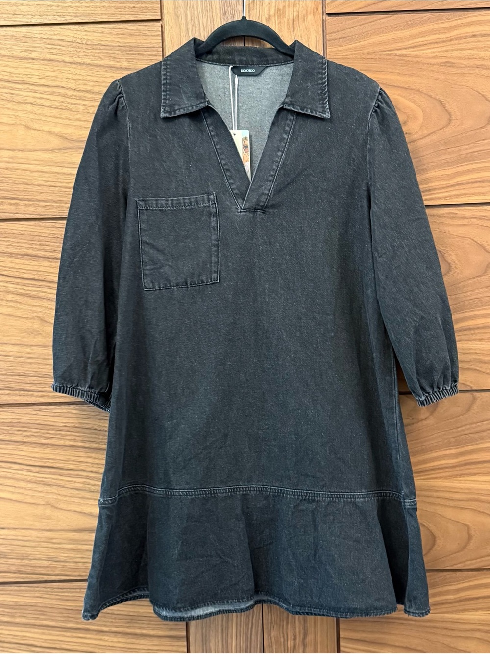 Dokotoo NWT Babydoll Denim Carbon Gray Dress 3/4 Puff Sleeves Johnny Collar M